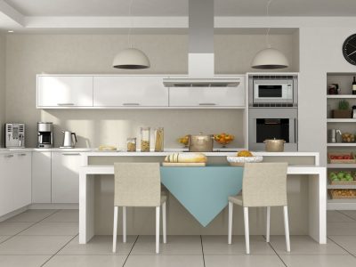 Minimalist white kitchen with island - 3d rendering