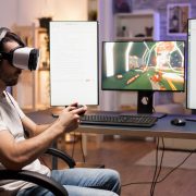 Professional gamer wearing virtual reality headset