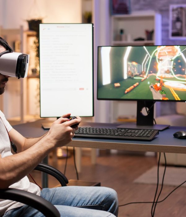 Professional gamer wearing virtual reality headset