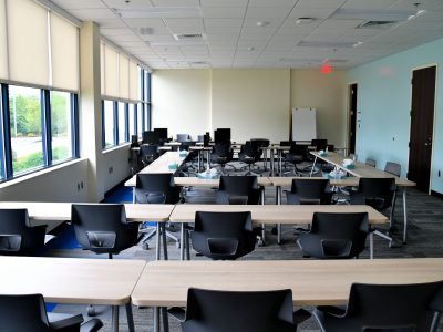 Bright, clean, modern training room at work in an office building for new employee orientation