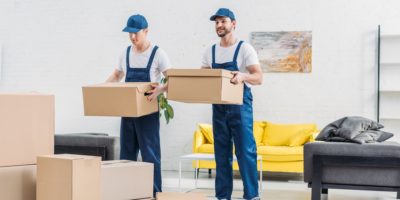 two movers transporting cardboard boxes in apartment
