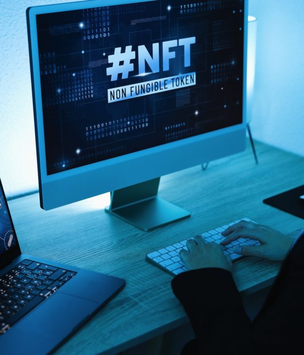 Young woman buying NFT on Blockchain market - New Technology Token Concept